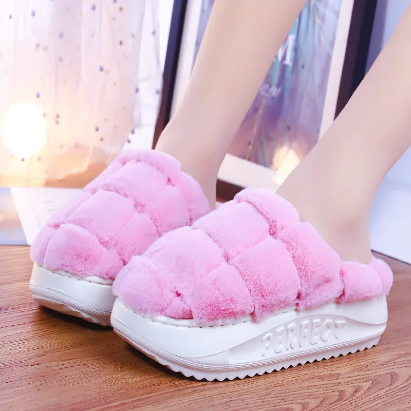 Furry Platform Slippers for Women, High Heel, Plush Slippers, Anti-Skid, Warm Fur, Indoor, Home, Luxury, Fashion, Winter