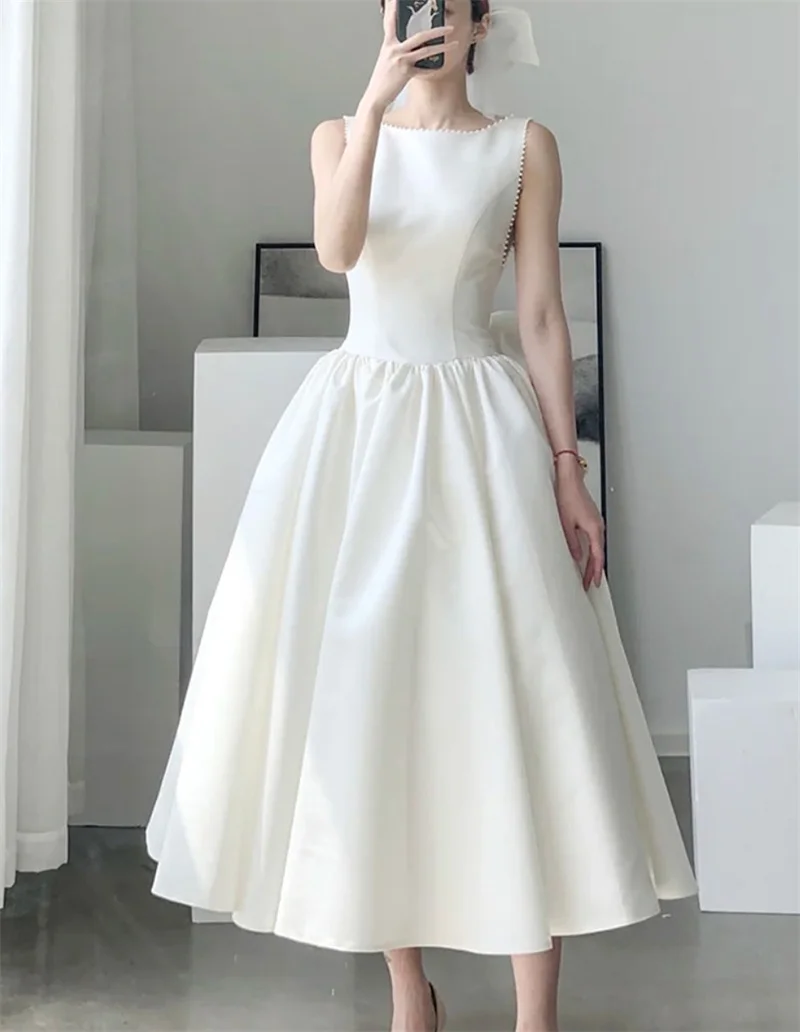 Muỗng Phong Cách Pháp Trà Chiều Dài Váy Cưới Sang Trọng Satin Chữ A Bowtie Hở Lưng Cô Dâu Đồ Bầu Vestidos De Mairee Cưới