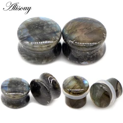 Alisouy 2pcs Labradorite Glow Stone Double Single Flared Ear Plugs Tunnel Flesh Expander Stretcher Gauges Piercing Body Jewelry