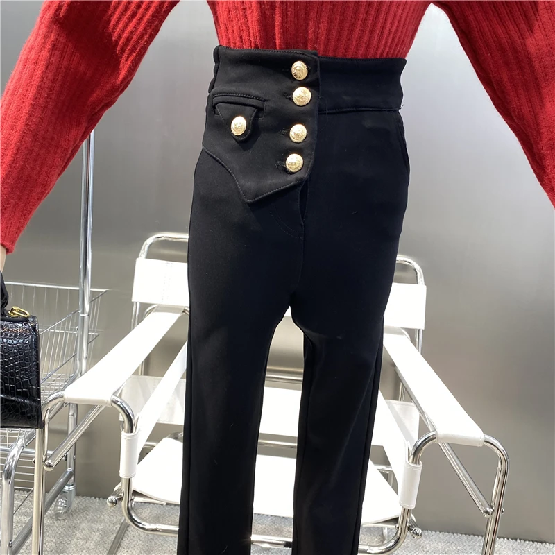 New Plush Tight High Waist Black Casual Pants Heavy Industry Metal Buckle Slim Fit Elastic Versatile Small Leg Pencil Trousers