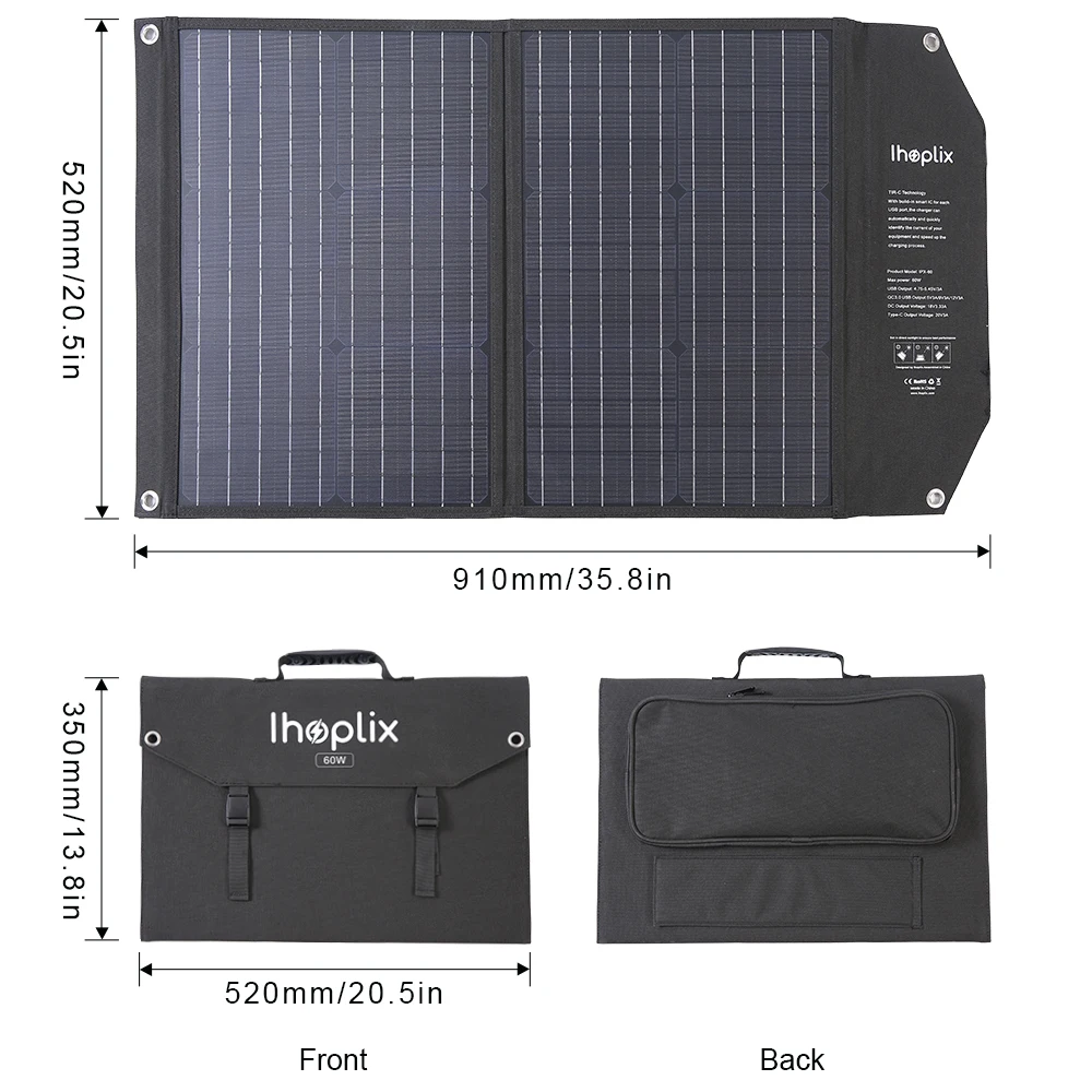 Ihoplix 태양 전지 패널 키트 완료 60W 태양 열 충전기 듀얼 출력 18V3A PD60W 태양 광 발전기에 대 한 Foldable 태양 전지