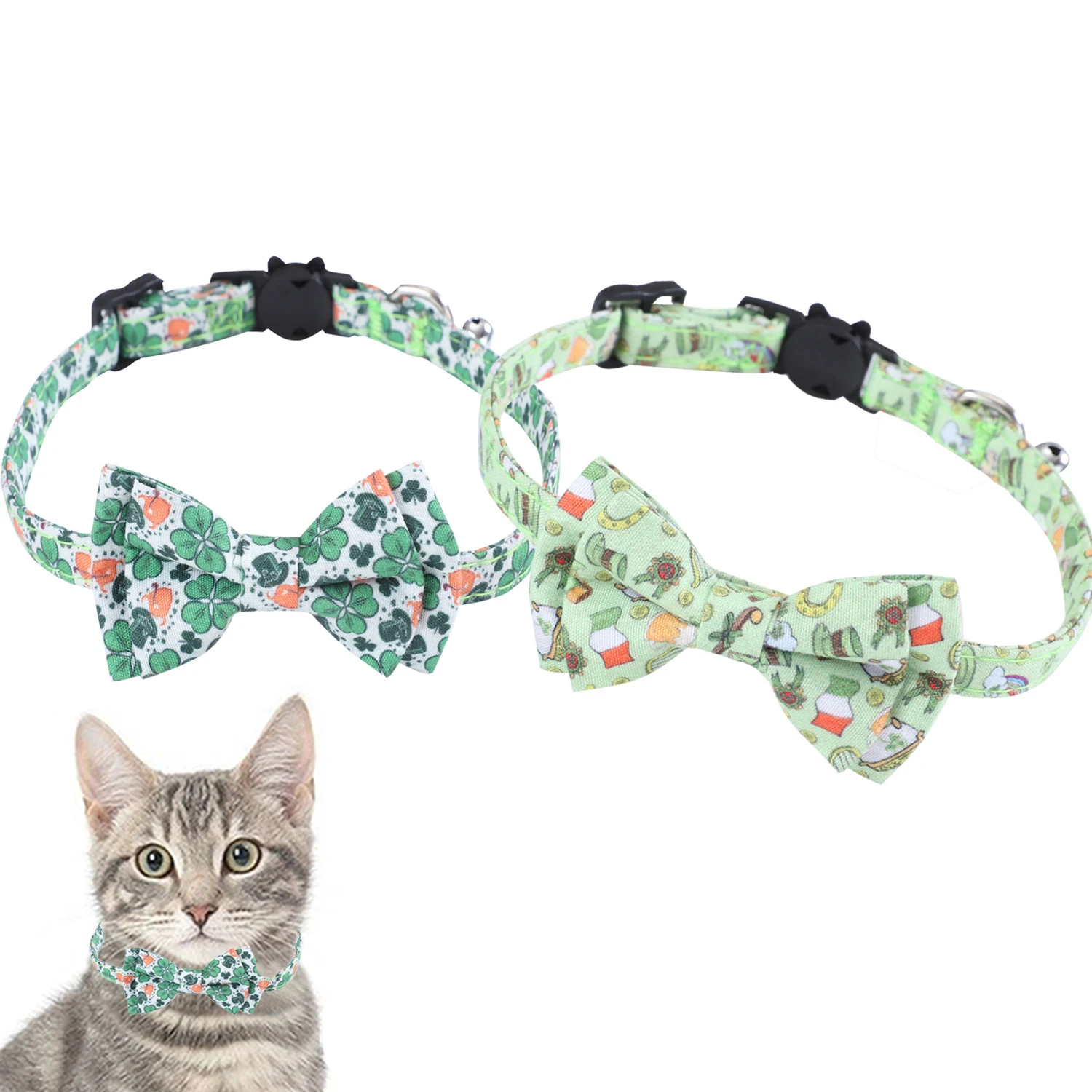 Cloth Cute Cat Collars with Four Leaf Clover Pattern Printing Adjustable Puppy Kitten Necklace Sweet Pet Collars with Bells