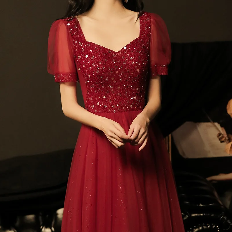 Women Backless A-Line Evening Dresses Luxury Square Neck Puffy Sleeve Toast Gown Sexy Burgundy Sequin Lace Up Ball Gown