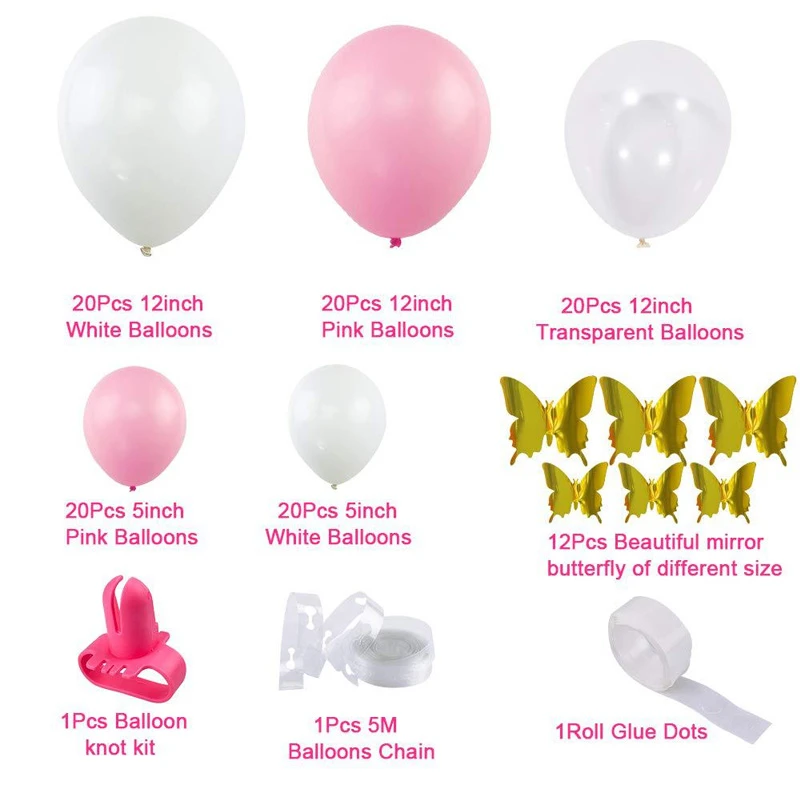 100pcs Birthday Party Baby Shower Wedding Anniversary Celebration Balloons Decoration White Pink Garland Arch Kit Butterfly