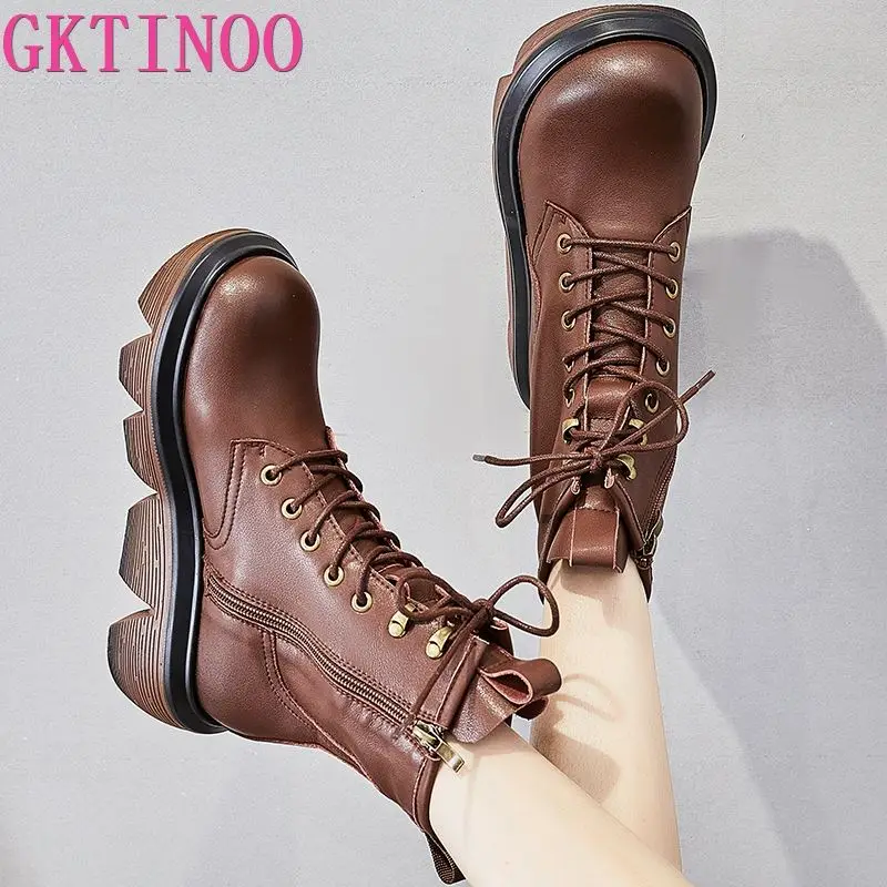 GKTINOO Genuine Leather Zip Ankle Boots Women Shoes Leisure Round Toe 2024 New Autumn Winter Sewing Handmade Platform Boots