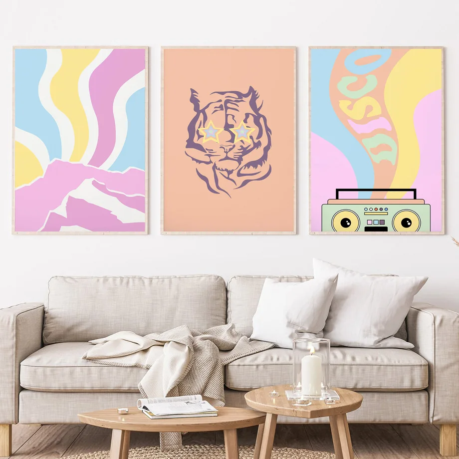 Pastel Pink Car Tiger Mountain Boombox Wall Art Print Canvas Painting Nordic Poster Gallery Wall Pictures For Living Room Decor