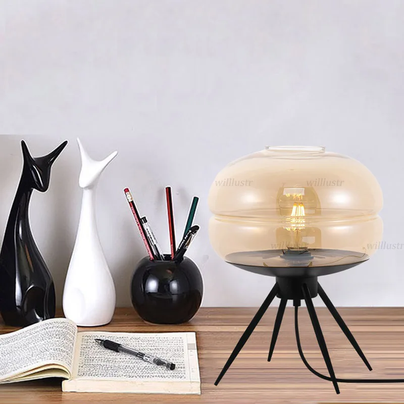 

Modern UFO Glass Table Light Luxury Creative Iron Desk Lamp Hotel Living Room Bedside Study Amber Smoke Blue Art Deco Lighting