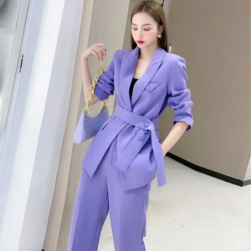 2021 Autumn Fashion Professional Temperament Wide-leg Pants Plus Jacket Purple Suit Women's Suit Spring Ladies Two-piece Suit