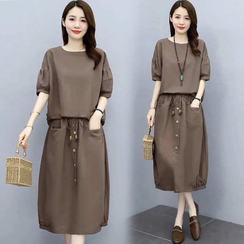 Cotton Linen Skirt Two-Piece Women 2024 New Summer Ladies T-Shirt Top Piece Set Loose Linen Suit Skirt Female L779