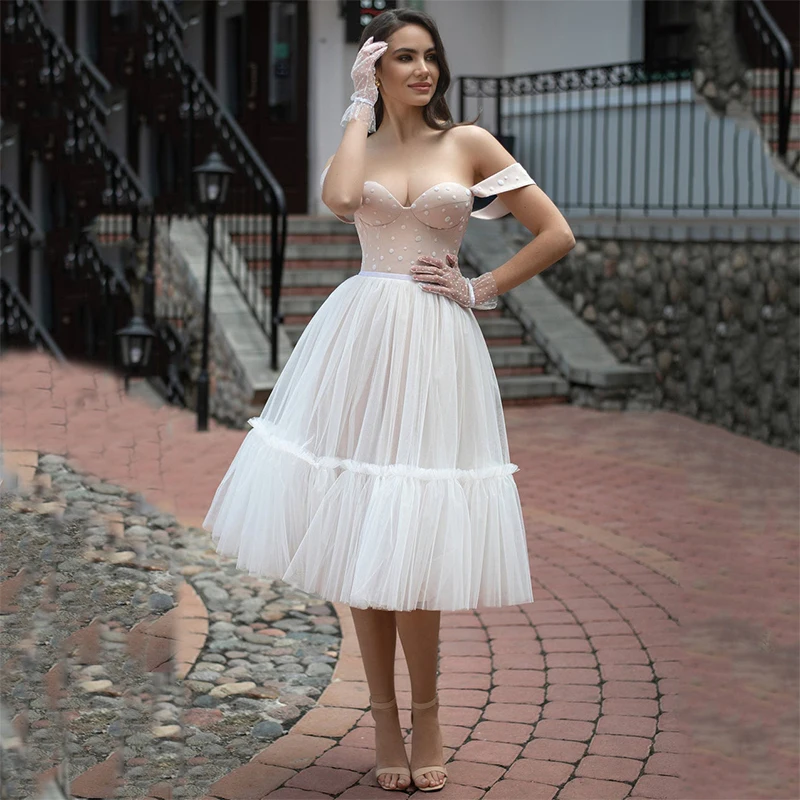 SoDigne-vestido de novia corto de manga larga para mujer, traje de boda estilo bohemio, largo hasta el té, color marfil, con hombros descubiertos, para playa y fiesta, 2021