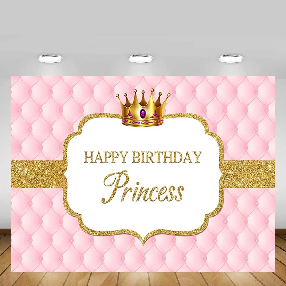 

Mehofond Pink Headboard Princess Birthday Party Backdrop Photography Gold Crown Portrait Photo Background Photocall Photobooth