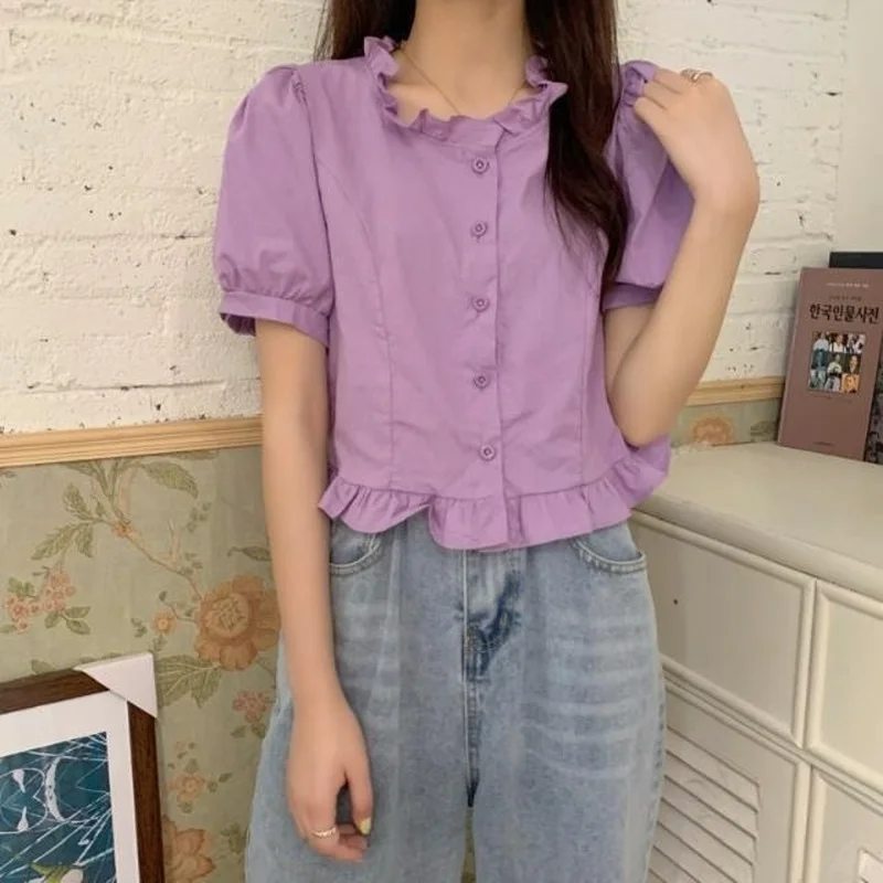 Shirt Women Design Ruffles Summer Short Sleeves Harajuku Casual Single Breasted All Match Simple Ulzzang Young Solid Retro Soft