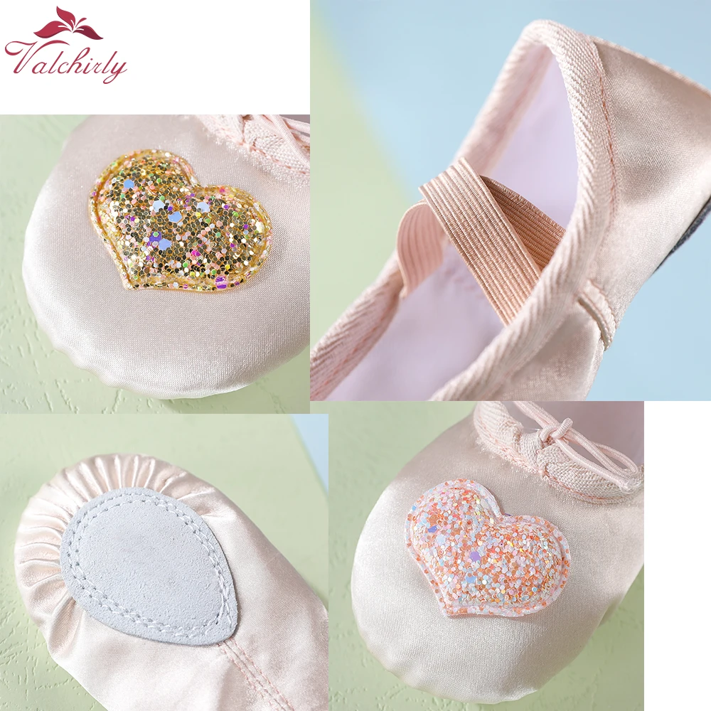 Girls Ballerina Ballet Pointe Shoes Children Satin Canvas Ballet  Sneakers with Heart Decoration For Kids Dancing