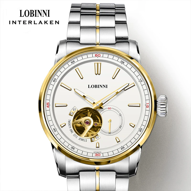 

LOBINNI Элитный бренд автоматические мужские часы механические мужские часы стальной ремешок часы с сапфировым стеклом циферблат окно часы