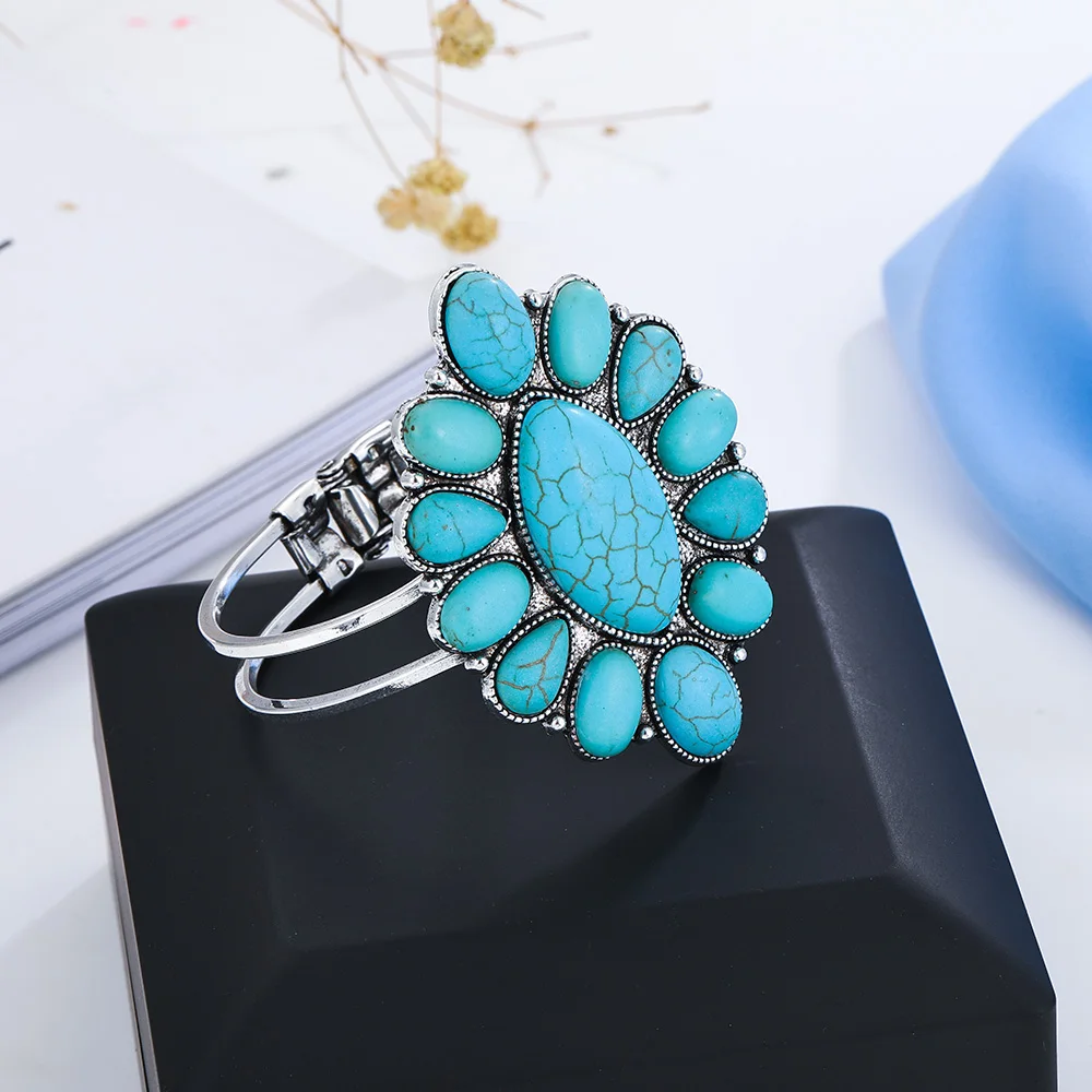 Banny Pink Indian Wedding Geometric Stone Bangle Bracelet For Women Ethnic Metal Spring Bangle Bracelet Retro Handwrist Bangle