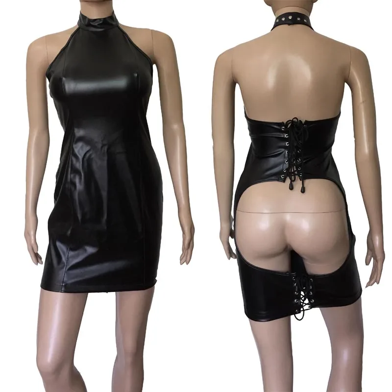 Mistress Fetish Costume PU Leather Open Butt Catsuit Halter Neck Corset Back Body Harness Mini Dress