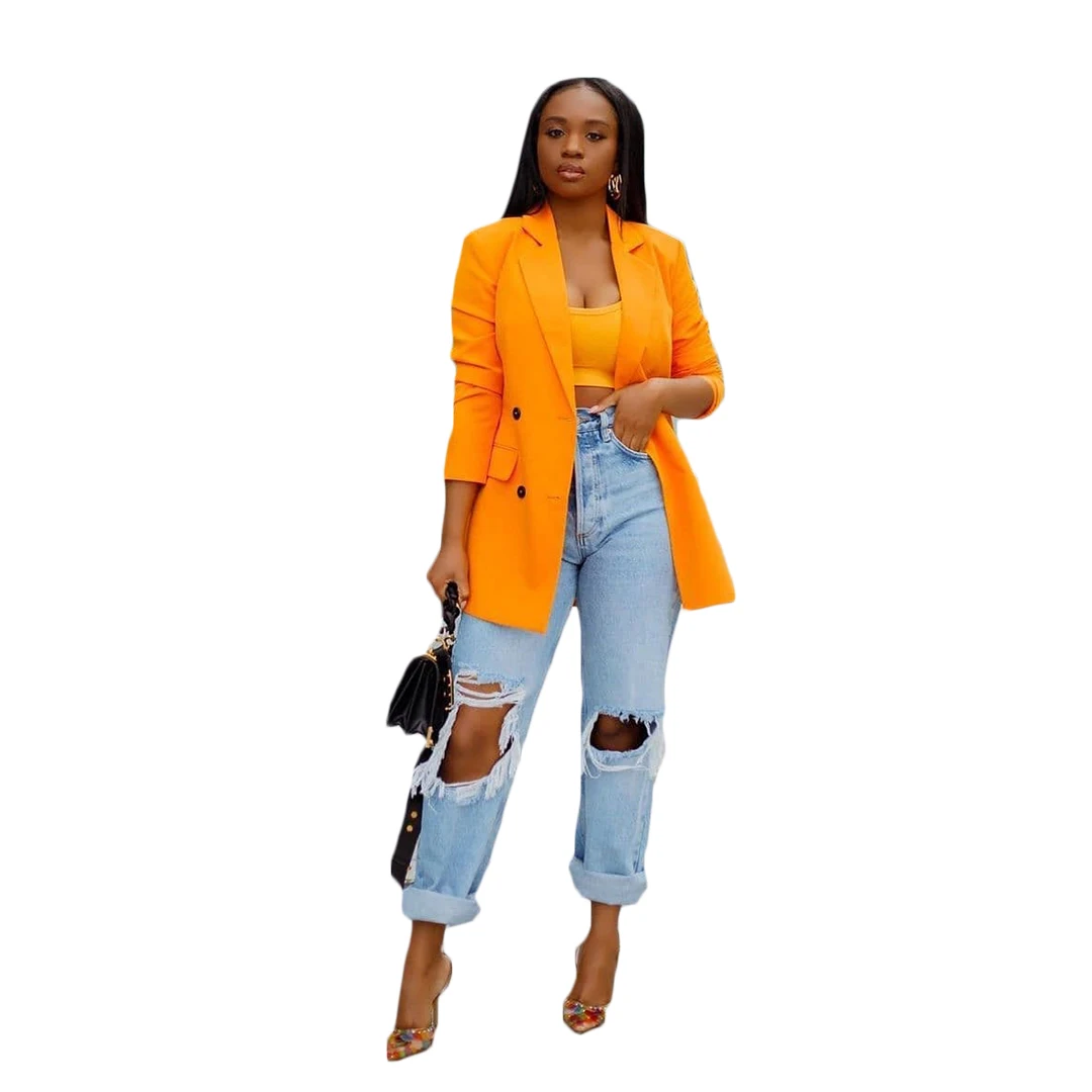 Chic Orange Notched Lapel Women Blazer Custom Made Classic Vintage Pocket Streetwear Jacket Office Lady Daily Casual Coat