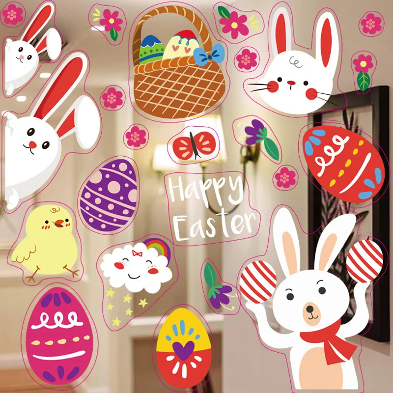 Happy Easter decorations for home cartoon Bunny Window Sticker Easter Eggs Electrostatic Glass Decals easter party wall stickers