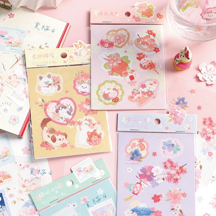 Kawaii cherry blossom sticker small fresh pattern stationery hand account collage decoration sticker cute hand account sticker