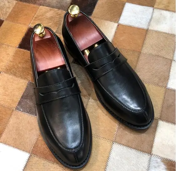 British Style Black Cow Leather Round Toe Slip On Loafers Man Low Top Flat Business Dress Shoes Size 37-45 Drop Shipping Male