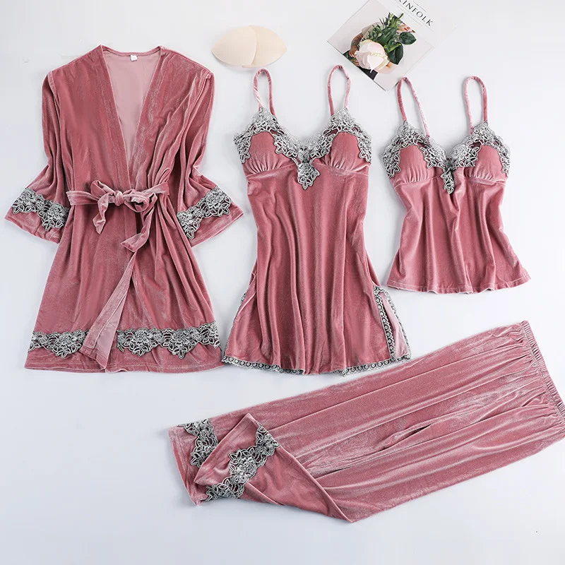 Women Velvet 4 Pieces Pajamas Sets Sling Sexy Lace Velour Sleepwear Winter Autumn Pyjama With Chest Pad Wine Red Robe