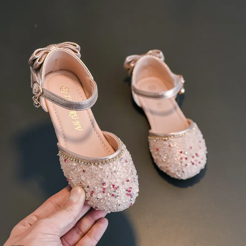 2021 dziecięce buty do tańca skórzane lato na małą kokardka dziewczęca sandały na imprezę moda Rhinestone Kids Princess Shoe 2 3-10 lat