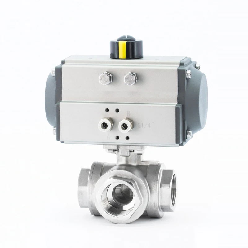 

1-1/4" Three-Piece High Platform Pneumatic Three-Way Ball Valve With Stainless Steel Internal Thread T Type L Type Ball Valve