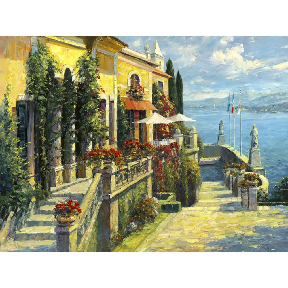 Textured Canvas Wall art Handmade Mediterranean landscape painting Family Room Wall Decor Belagio Sunshine Modern decorative