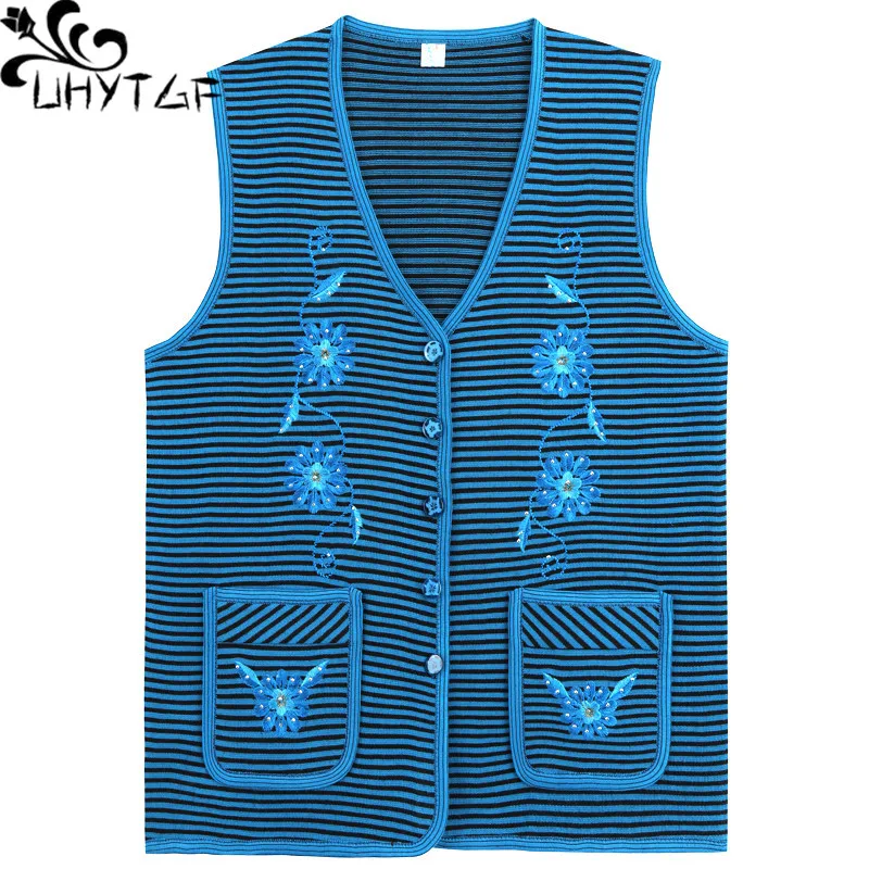 

UHYTGF Knitted Cardigan Women Sweater Vest Coat Embroidery Sleeveless Thin Tops Middle-Aged Elderly Spring Autumn Waistcoat 2200