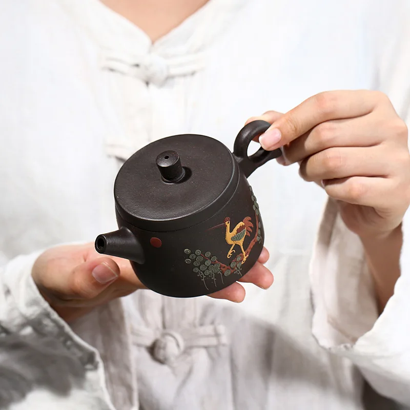 170ML Real Handmade Yixing Black Gold Sand Teapot Clay Kettle Crane Pattern Meaning Health Longevity Puer Kung Fu Tea Pot