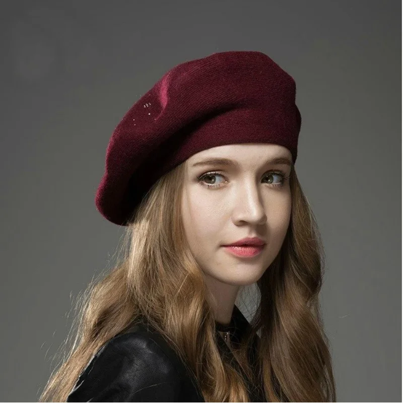new Women Berets Hat Fashion white Knitted Berets With Rhinestone Ladies French Artist Beanie Beret Warm Hat Multiple Colors Cap