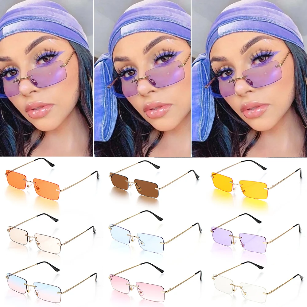 Retro UV400 Fashion Rectangle Rimless Women Sunglasses Unisex Retro Luxury Design Gradient Small Eyewear