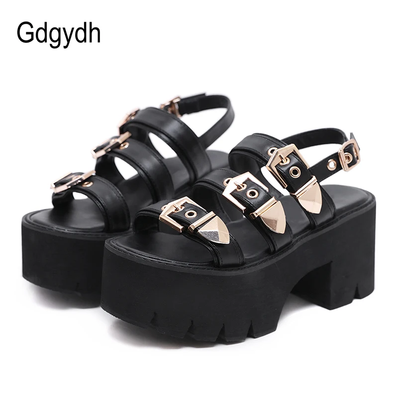 Gdgydh Sexy Gold Buckle Chunky Heel High Platform Sandals for Women Punk Goth Shoes Backless Ankle Strap Open Toe