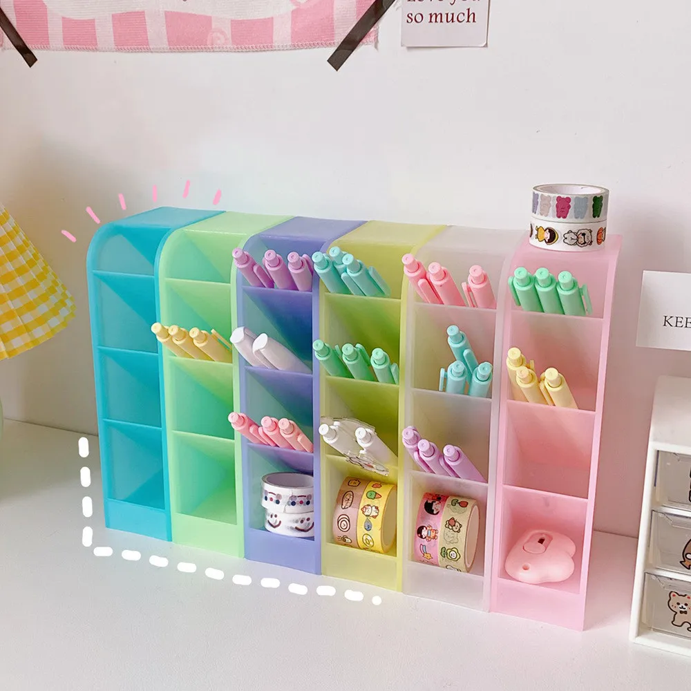 MINKYS Kawaii Macaroon Color 4 Gird Desktop Organizer Pen Holder Desk Makeups Pencil Storage Box School Office Stationery