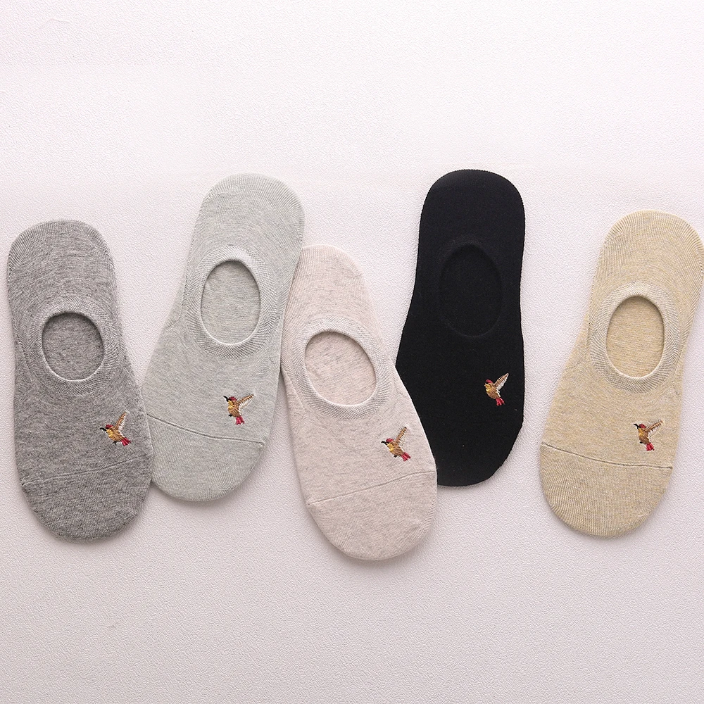 Women's Boat Socks Spring And Summer Shallow Mouth Embroidery Bird Pure Cotton Kawaii Casual Non-Slip Glue Invisible Socks