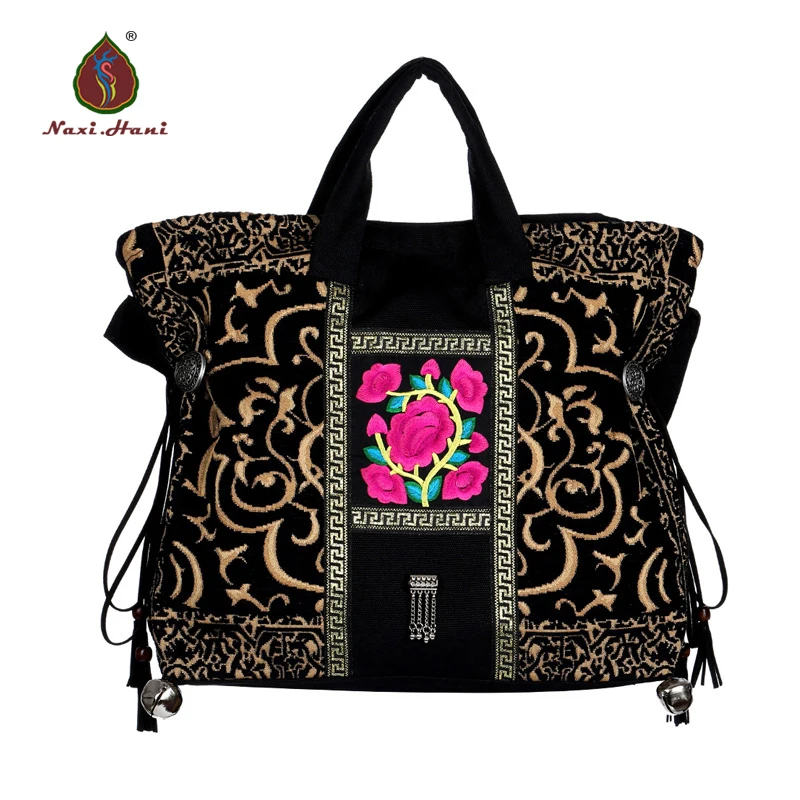 HOT Embroidery Ethnic bags for women Black Canvas bag Vintage fashion Cross bag Classic tote bags