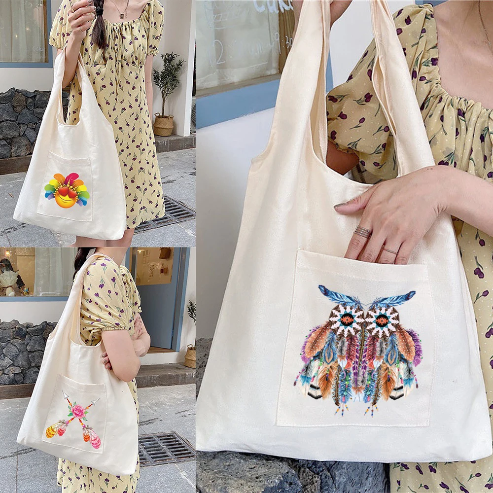 

Women's Shopping Bags Canvas Commuter Shoulder Vest Bag Reusable Feather Series Grocery Handbags Folding Eco Tote Shopper Bag