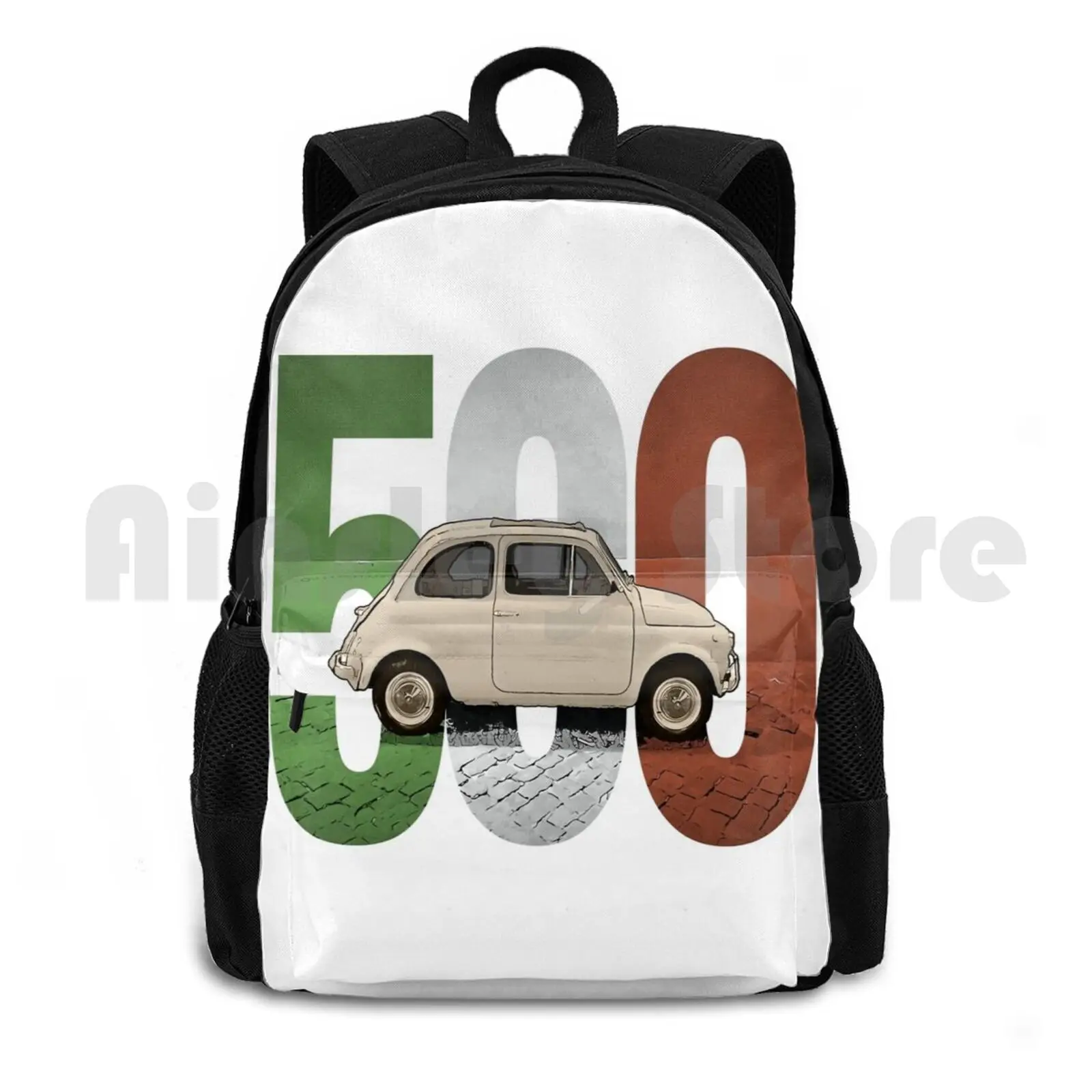 Fiat 500คลาสสิกบนกระเป๋าเป้สะพายหลังเดินป่ากลางแจ้งสีขาวขี่รถปีนเขากระเป๋ากีฬา500เฟียต500 500อิตาลีรถเฟียต