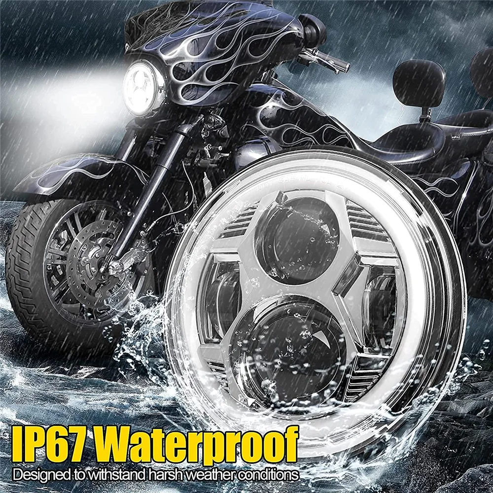 7" Inch H4 LED Moto Headlight Round For 93-08 Ducati Monster 1000 600 Halo Ring Amver For JeepJK TJ Touring Lada 4x4 Yamaha Niva view 4