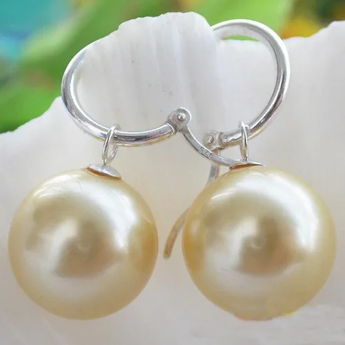 

New Arrival Favorite Pearl Jewelry 16mm Yellow Round South Sea Shell Pearl Silver Dangle Earrings Charming Lady Gift