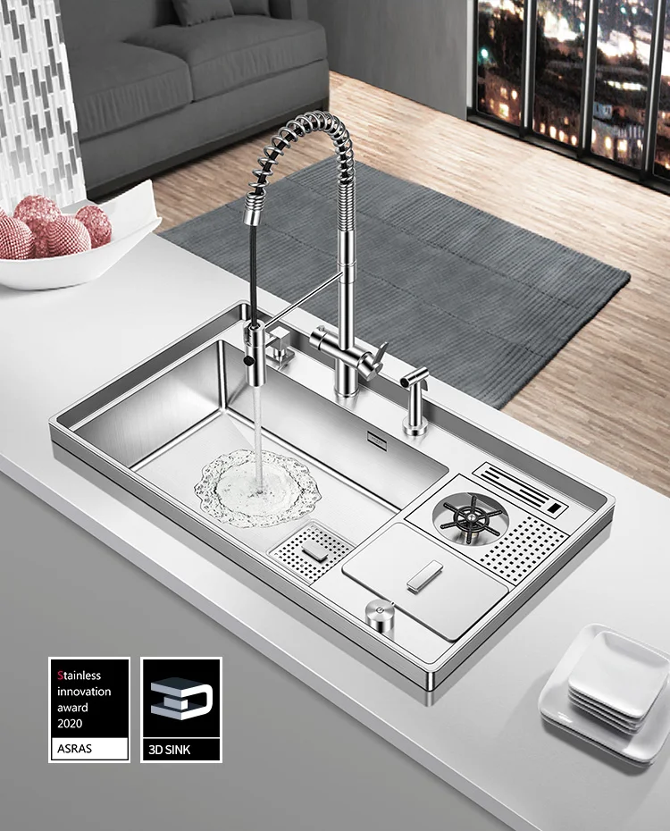 Handmade Kitchen Sink Set com Dual-Mode Pullout Faucet, 3D circundante, Cup Rinser, SUS304 aço inoxidável, ASRAS-8549X