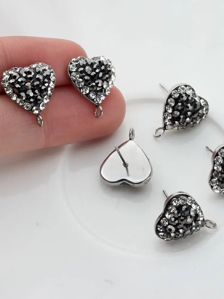 Stainless Steel Black Soft Ceramic Heart-shaped Inlaid Crystal Earrings Connector Charms 6pcs/lot For DIY Earrings Making Craft