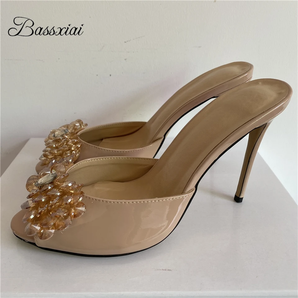 

Beading Crystal Flower Buckle Sandals Women 10cm Stiletto Heel Slingbacks Peep Toe Patent Leather Summer Mules