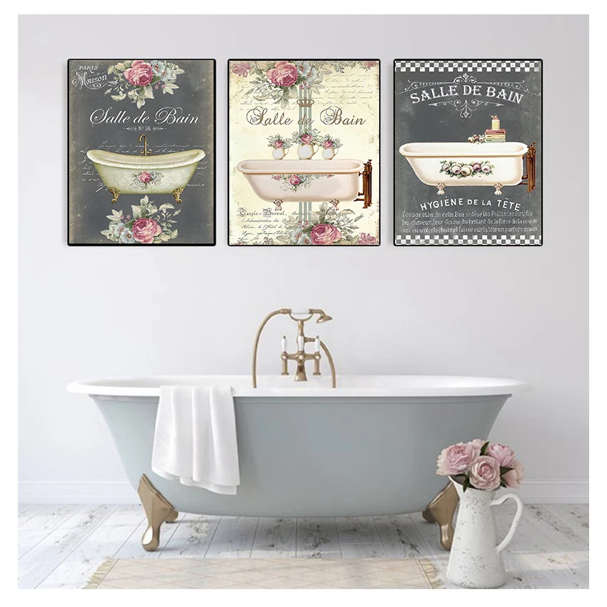 Print Vintage Posters Salle de Bain Le Bain Chalkboard Shabby Fine Wall Art Canvas Pictures French Bathroom Decoration Paintings