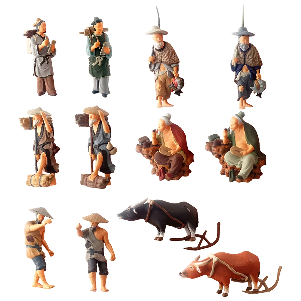 Diorama Minyatür 1/64 Ölçekli Çin Antik Figürler Bebek Sokak Sahne Modeli Demiryolu DIY Yapı Kitleri Düzeni Masaüstü Dekor