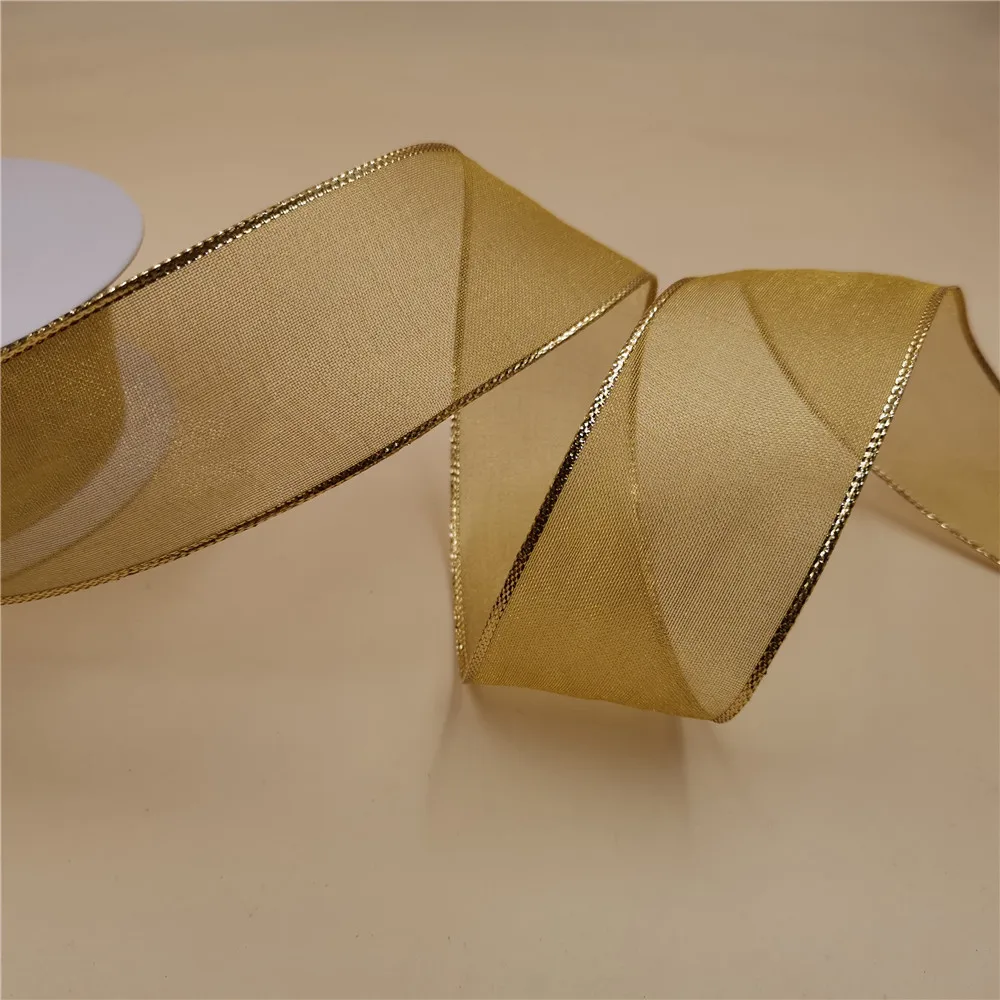 38MM Wire Edge Ribbon Net Gold Metallic For Dress Bow Birthday Decoration Chirstmas Gift DIY Wrapping 25Yards N2095