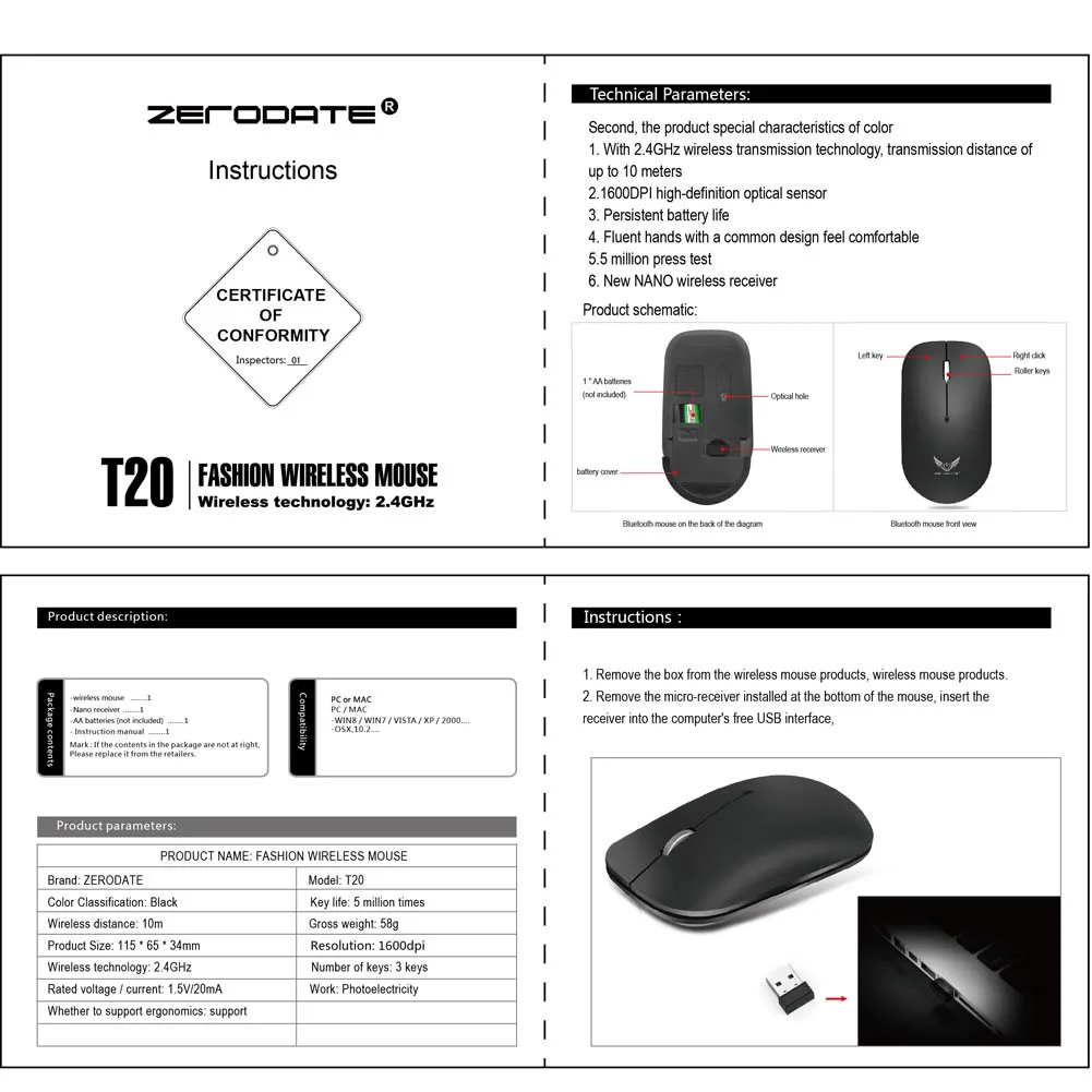 

2.4G Wireless Mouse With USB Receiver 1600DPI Optical Mice for Notebook Laptop PC Computer ND998