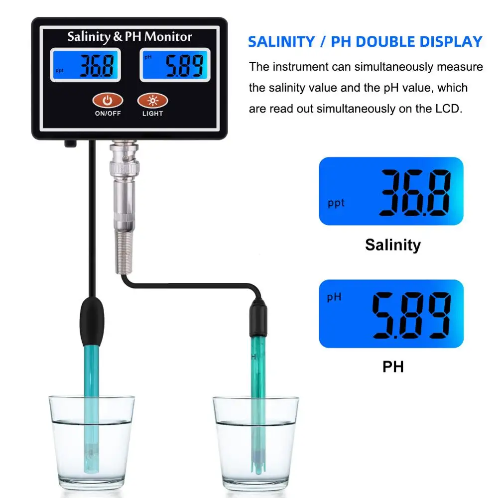 Yieryi Online PH & Salinity Monitor 2 in 1 Aquarium Water Quality Meter Seawater Salt Tester for Pool Spa Fish Pond Aquaculture
