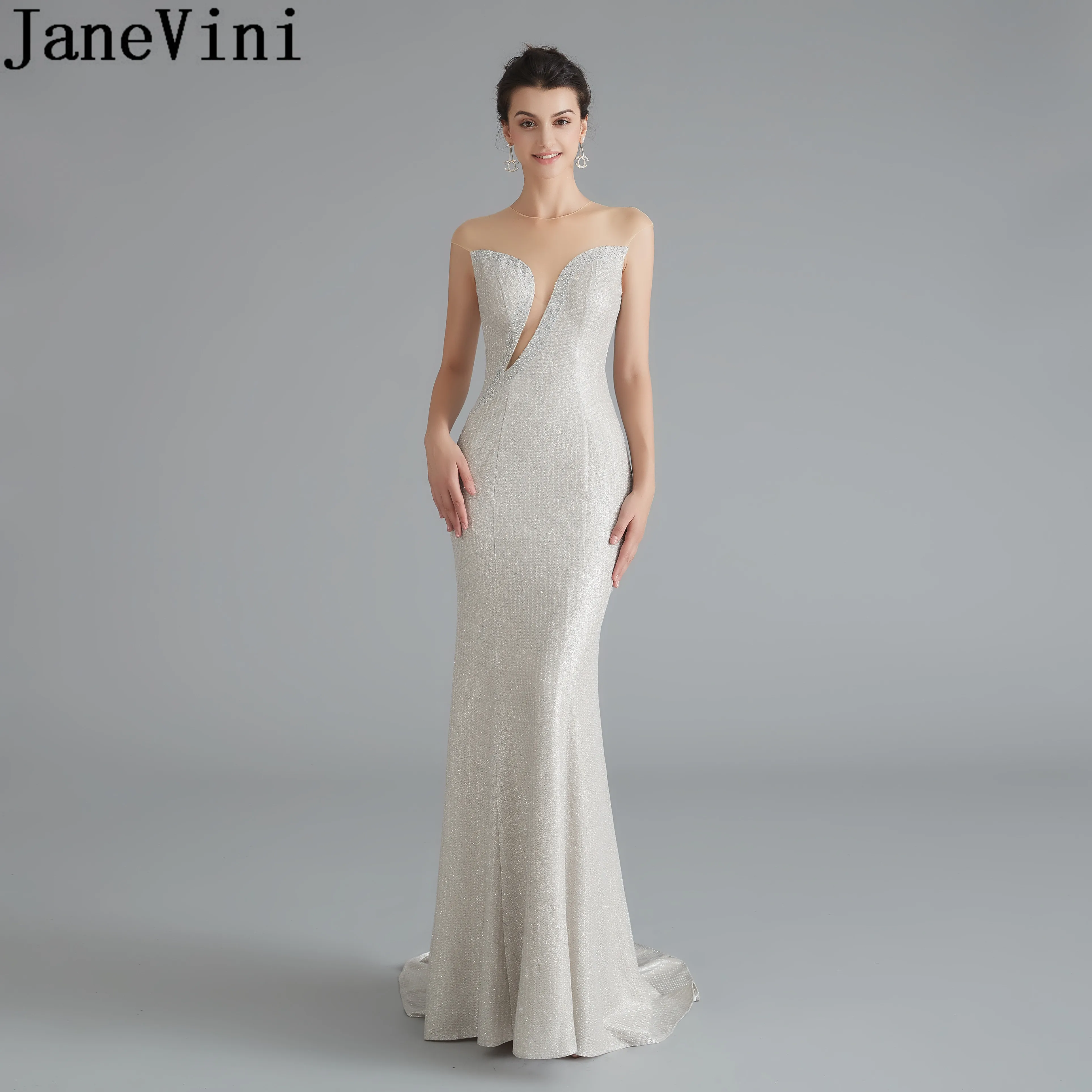 

JaneVini Sexy Illusion Mermaid Party Long Evening Dresses 2019 Luxury Beaded Women Dinner Formal Gowns in Turkey vestidos largos