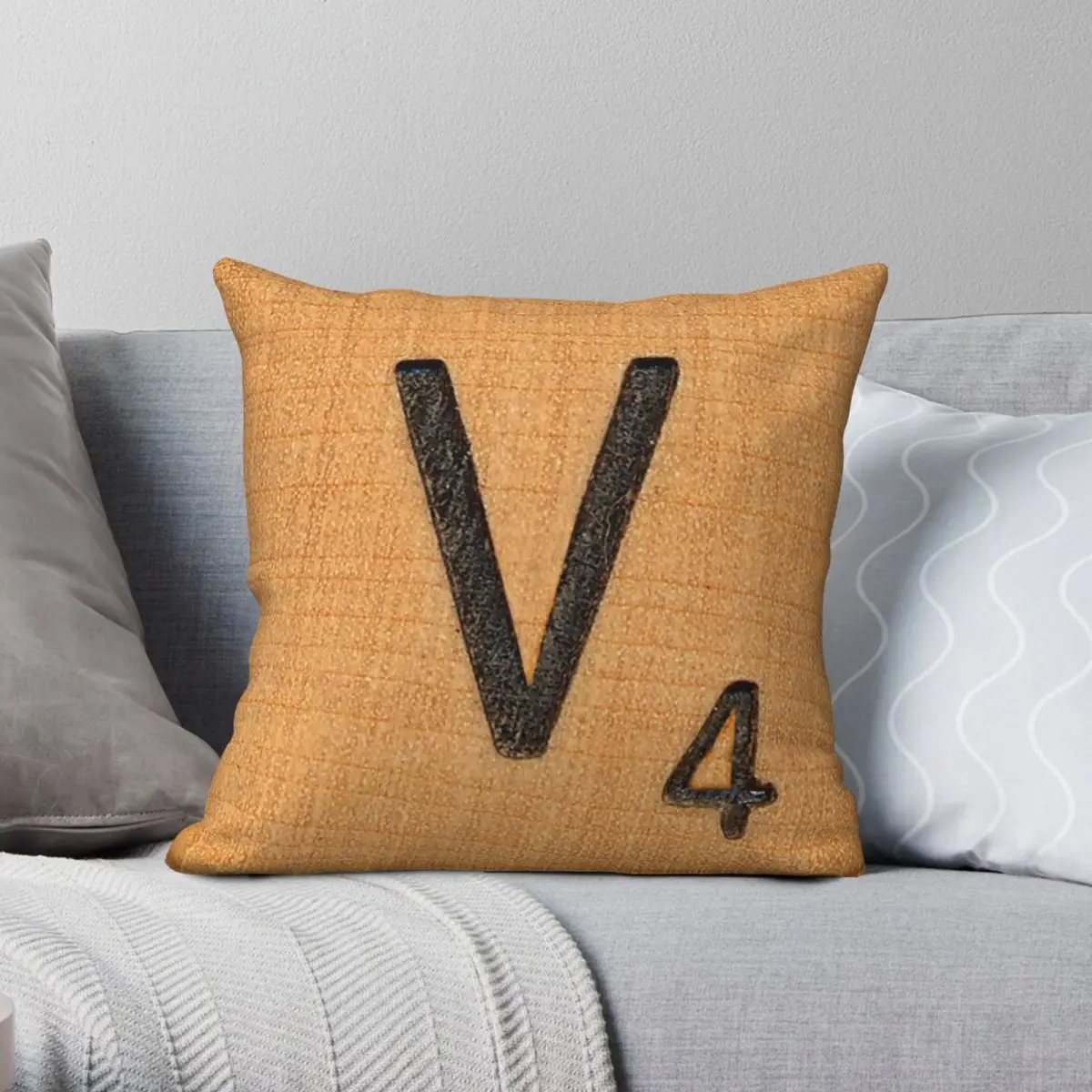 Scrabble Letter Tile V Square Pillowcase Polyester Linen Velvet Creative Zip Decor Bed Cushion Cover 45x45